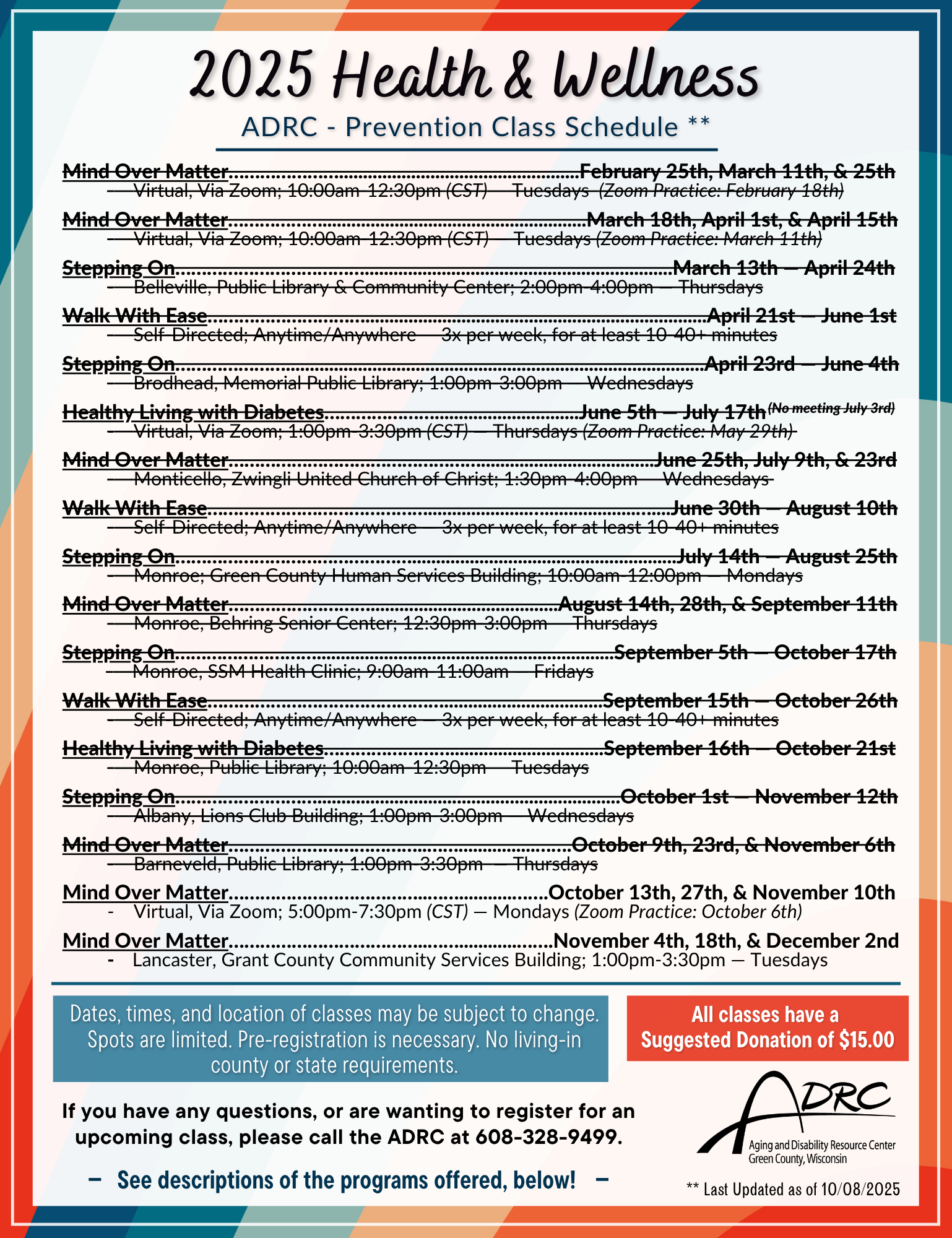 WEBSITE 2025 Health & Wellness Prevention Class Schedule