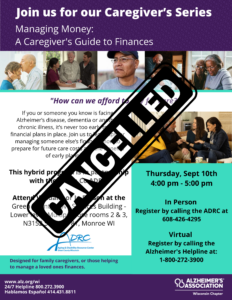 CANCELLED: Caregiver Education Series: Managing Money - A Caregiver's Guide to Finances @ Hybrid Offering (Virtual or In-Person at the Green County Human Services Building (Lower Level)) | Monroe | Wisconsin | United States